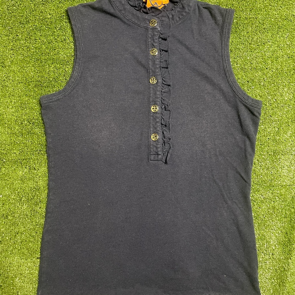 Tory Burch Sleeveless Mock Neck Ruffle Button Blouse Black Pima Cotton Blend M